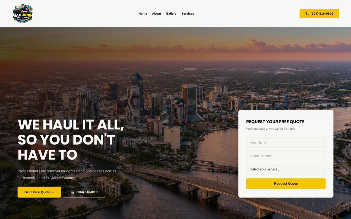 Jax Junk Removal website homepage — junk removal company in Jacksonville, FL
